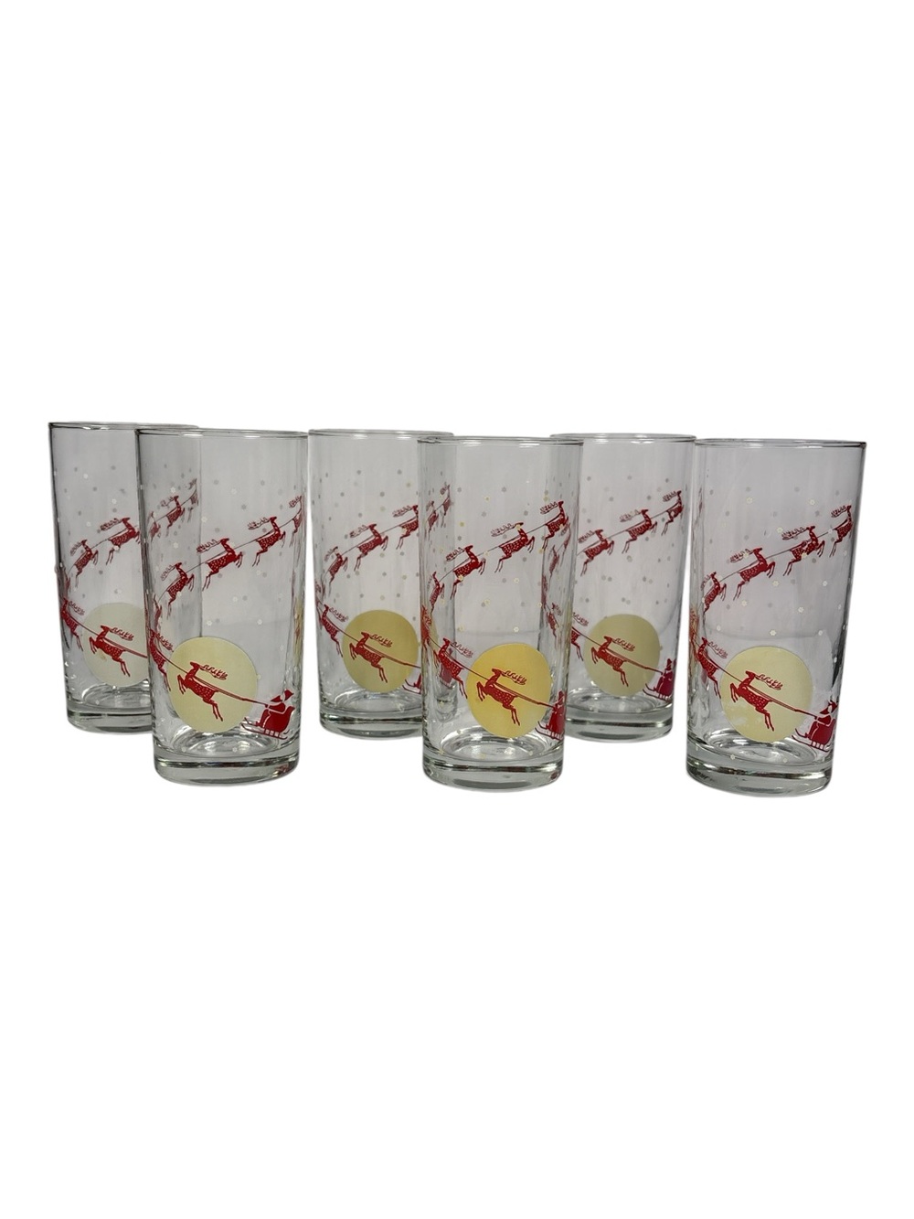 Vtg Christmas Highball Drinking Glasses Santa Sleigh Reindeer Moon Snow Set 6